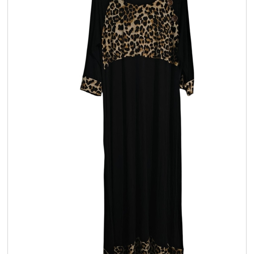 Celeste XL Tiered 3/4 Sleeve Black Maxi  Dress with Leopard Accents Whimsical